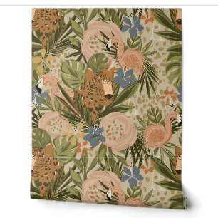 Papier Peint Jungle neutre Cheetah et Flamant rose Floral