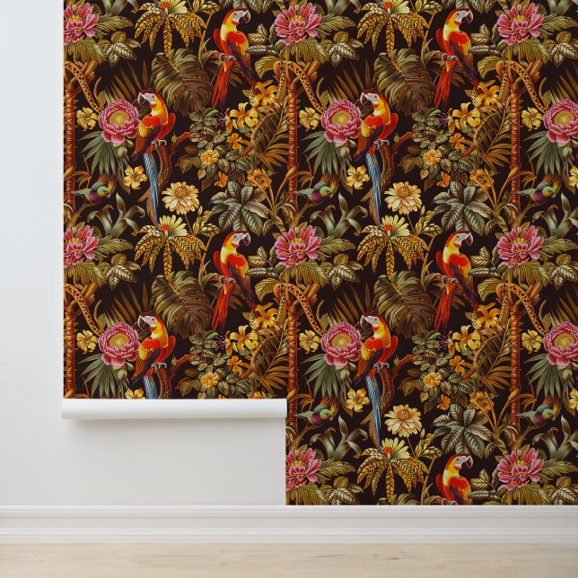 Papier Peint Jungle Thème Indien Style Parrot Tiger Fleur (Application)