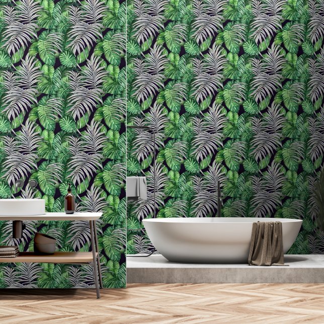 Papier Peint Jungle tropical monstère feuillage vert noir (Salle de bain)
