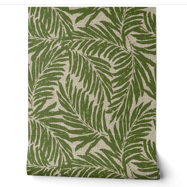 Papier Peint Kahanu Palms Hawaiian Faux Linen Texture - Olive (Déroulement)