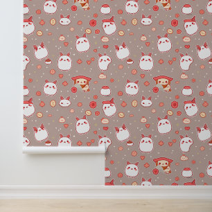 Papier Peint Kawaii Bunny et Motif Snack sur Taupe