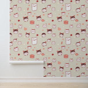 Papier Peint Kawaii Chat fait face Motif avec des vaches et des