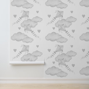 Papier Peint Kites Nuages Coeurs Gris Neutre Baby Nursery