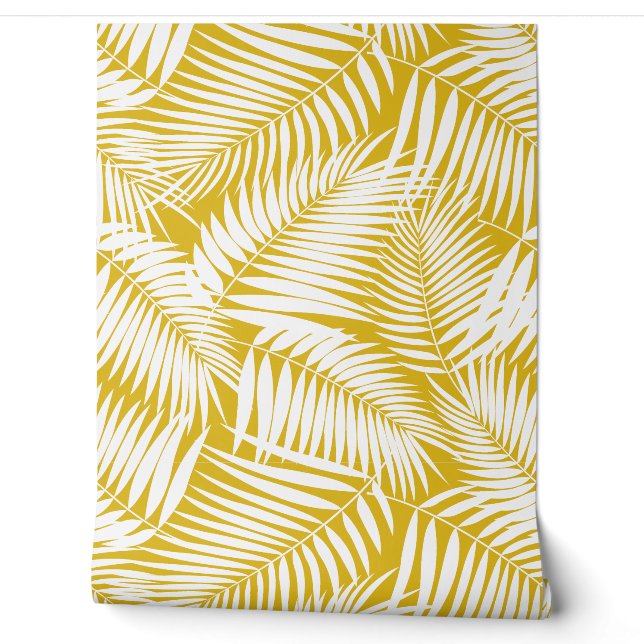 Papier Peint Kona Palms Hawaiian Tropical Leaf - Sulphur Gold (Déroulement)