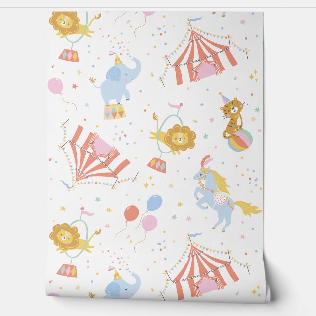 Papier Peint Le mignon Cirque avec tentes et animaux en blanc (Déroulement)