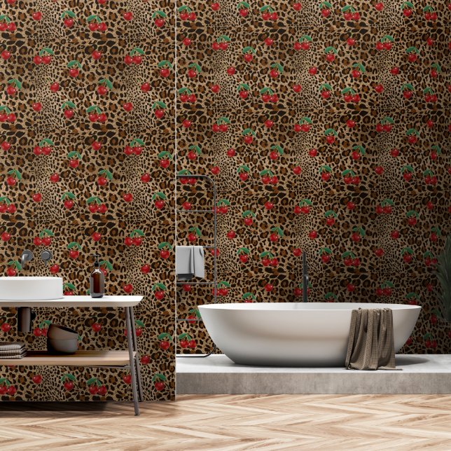 Papier Peint Leopard Cheetah Animal Print Red Cherry Pattern (Salle de bain)