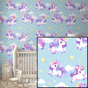 Papier Peint Licornes et étoiles blanches roses violettes sur f