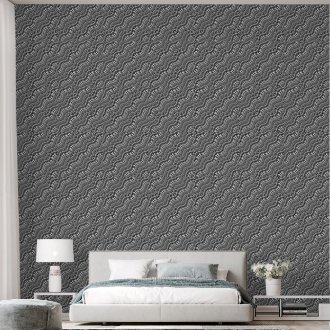 Papier Peint Lignes ondulées psychédéliques à cendres (Chambre à coucher)