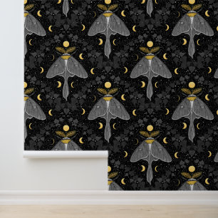 Papier Peint Luna moth, phases de lune et lierre damassé patron