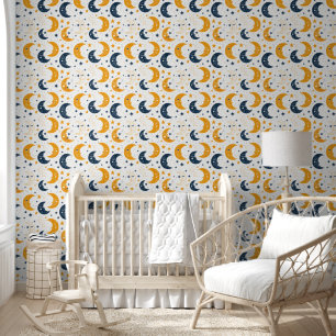 Papier Peint Lune jaune bleu et étoiles
