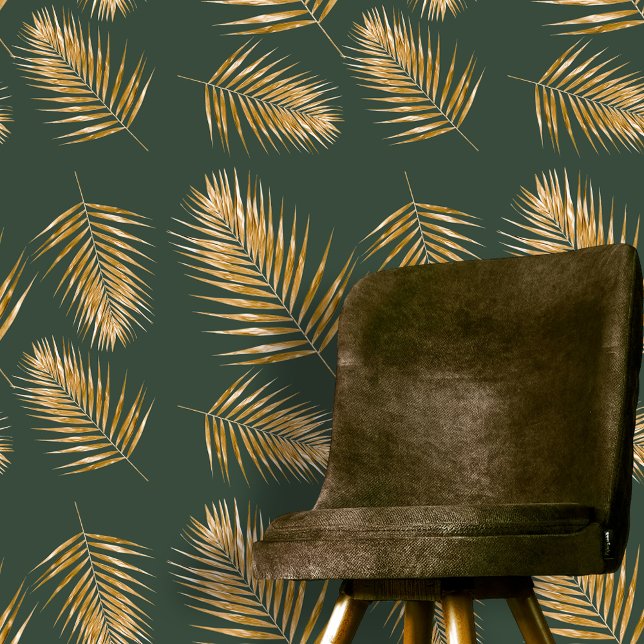 Papier Peint Luxueux cadres de palmiers d'or sur Deep Green (Créateur téléchargé)