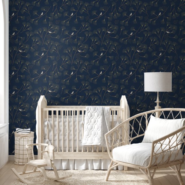 Papier Peint Main Drawn Pine Tree and Bird Pattern à Roya Blue (Enfants)