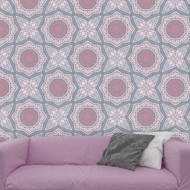 Papier Peint Mandala kaléidoscopique gris rose pâle géométrique (Créateur téléchargé)