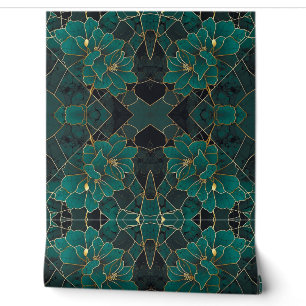 Papier Peint Marbre Art Déco Mosaïque Floral Émeraude Vert & Or