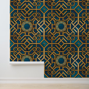 Papier Peint Marbre de luxe Art Déco Bleu Or Clé grecque