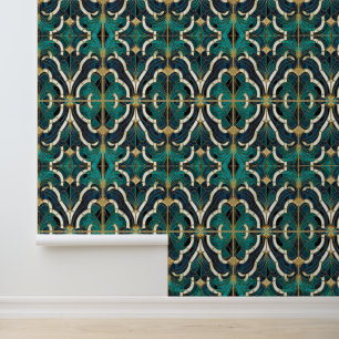 Papier Peint Marbre de luxe Mosaïque Art Déco Bleu Or & Sarcell