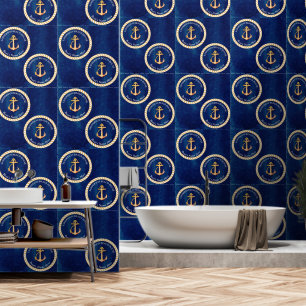 Papier Peint Marine Bleu Blanc avec Ancre de bateau jaune Monog