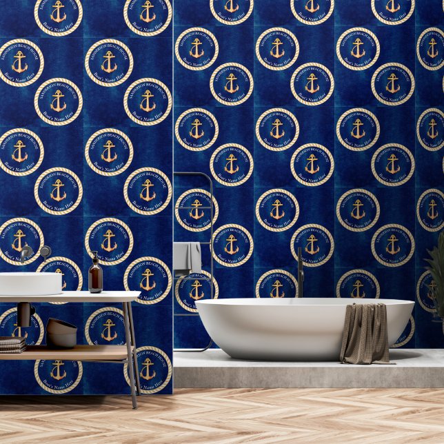 Papier Peint Marine Bleu Blanc avec Ancre de bateau jaune Monog (Salle de bain)