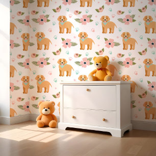 Papier Peint Marionnettes dorées et motifs floraux