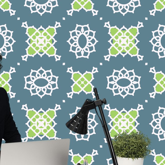 Papier Peint Marocain Géométrique Lime Bleu Profond Vert Blanc (Créateur téléchargé)