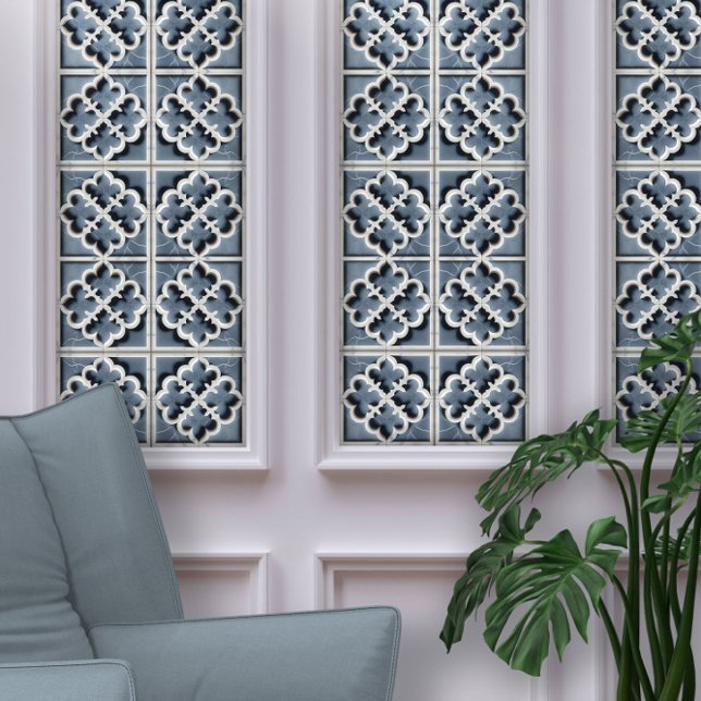 Papier Peint Marocain Quatrefoil Bleu et Marbre blanc (Créateur téléchargé)