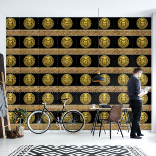 Papier Peint Medusa et clé grecque or sur fond noir Designer