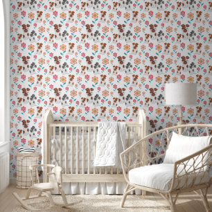 Papier Peint Mère chien mignonne et bébés, motif de fleurs
