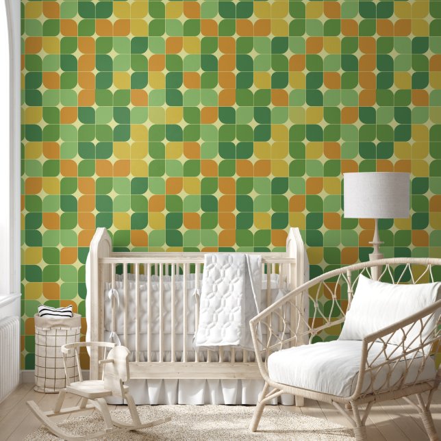 Papier Peint Mi-siècle Abstrait vert orange jaune (Enfants)