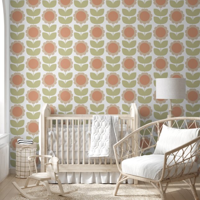 Papier Peint  Mid-Century Pastel Pink Retro Floral Pattern (Enfants)