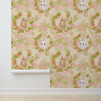 Papier Peint Mignon lapin de Pâques Kawaii et couronne florale