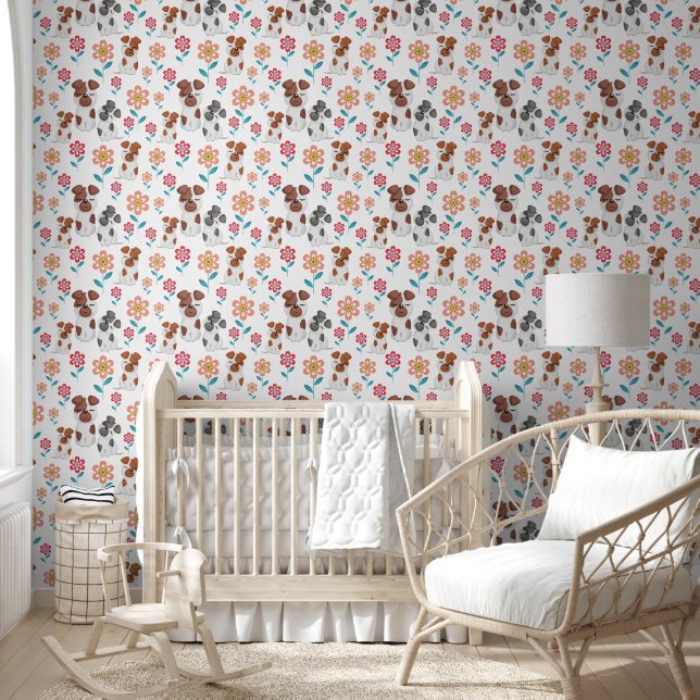 Papier Peint Mignonne chien mère et bébés, fleurs motif (Enfants)