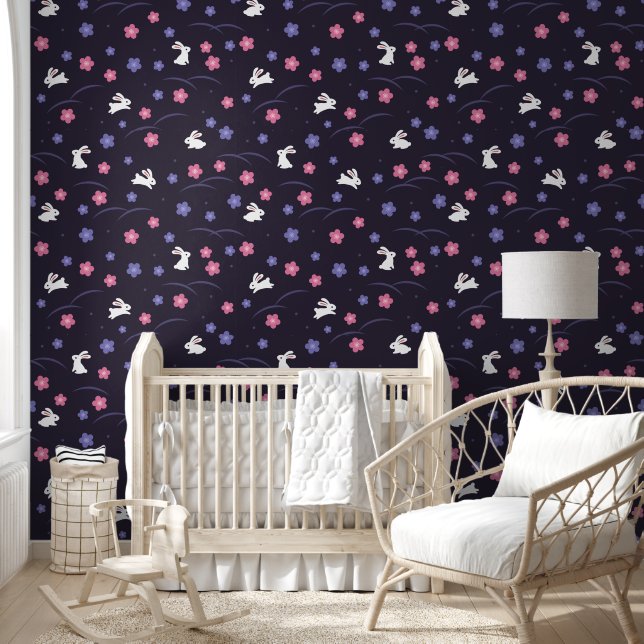 Papier Peint Mignonne lapin blanc et fleurs sur Motif pourpre (Enfants)
