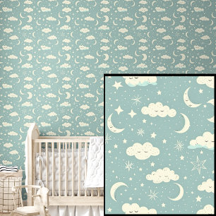 Papier Peint Mignonne Lune Étoiles Nuages sur Vert Doux