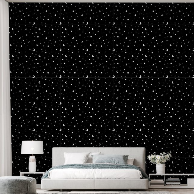 Papier Peint Mignonnes Lunes et Étoiles en noir et blanc (Chambre à coucher)