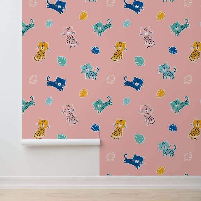 Papier Peint Mignons léopards avec feuilles de jungle sur rose (Application)