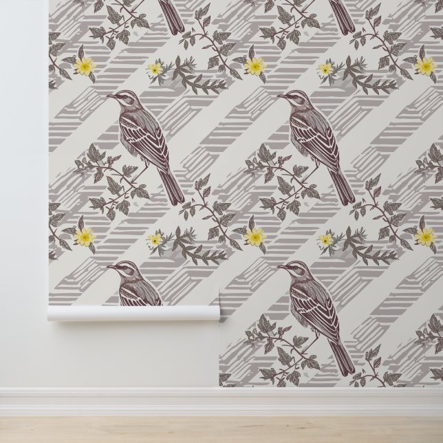 Papier Peint Mocking Bird and Yellow Flowers (Application)