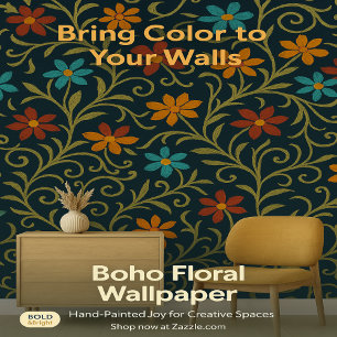 Papier Peint Modèle floral brodé coloré sur bleu foncé