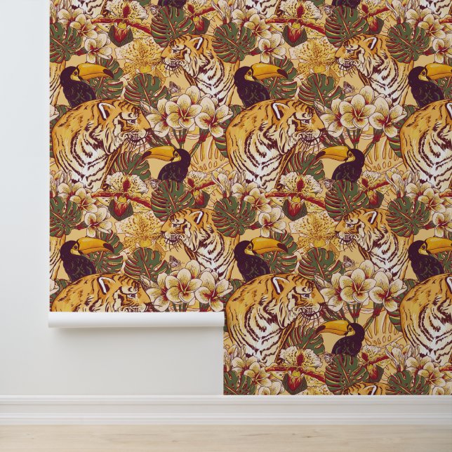 Papier Peint Modèle floral tropical avec tigre (Application)