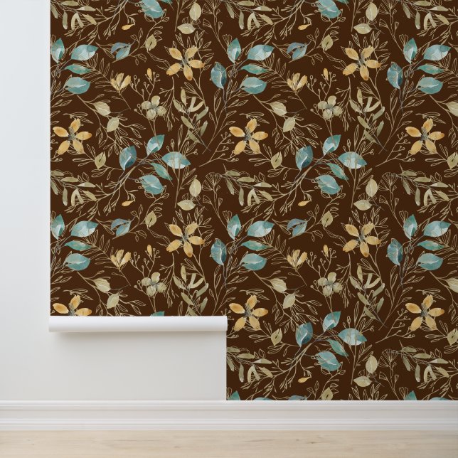 Papier Peint Modèle Floral Turquoise Brown (Application)