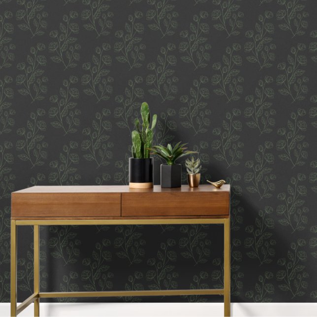 Papier Peint Modèle Floral Vert Simple Et Moderne Sur Gris Fonc (Créateur téléchargé)