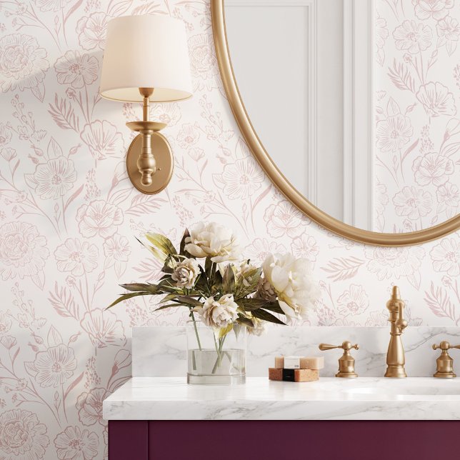 Papier Peint Moderne Blush Pink Line Art Floral Folial Motif (Modern Blush Pink Line Art Floral Foliage Pattern Wallpaper)