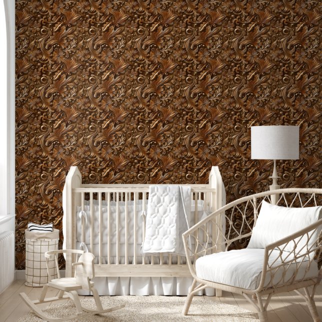 Papier Peint Moderne Brown Cowboy Western Carving modèle floral (Enfants)