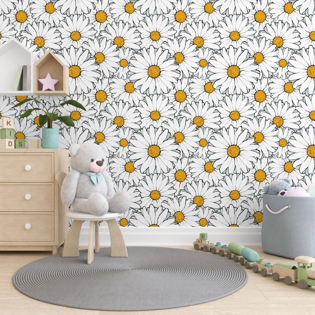 Papier Peint Moderne Chic Ornate Daisy Motif Floral Aquarelle (Créateur téléchargé)