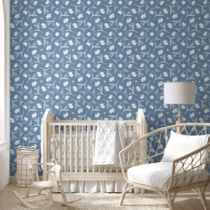 Papier Peint Moderne Dusty Bleu Blanc Floral Liberty Cute Girl