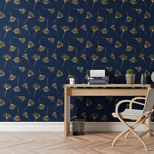 Papier Peint Moderne Elégante Flore Dorée Bleu Motif Floral (Créateur téléchargé)