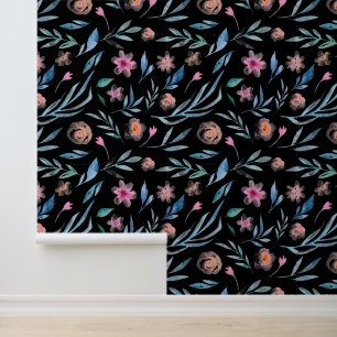 Papier Peint Moderne Fleurs d'aquarelle sur noir