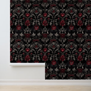 Papier Peint Moderne Vintage noir et rouge Damas gothique