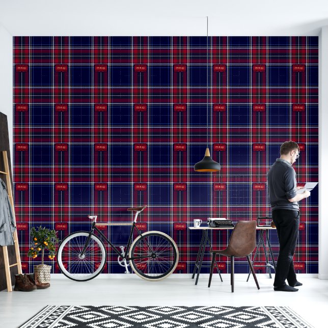 Papier Peint Monogramme bleu rouge Tartan en Police de Lion cel (Salon)