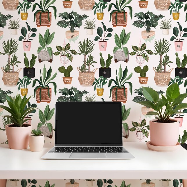 Papier Peint Monogramme Plante folle Lady Aquarelle Plantes Pot (Monogram Crazy Plant Lady Watercolor Potted Plants Wallpaper)