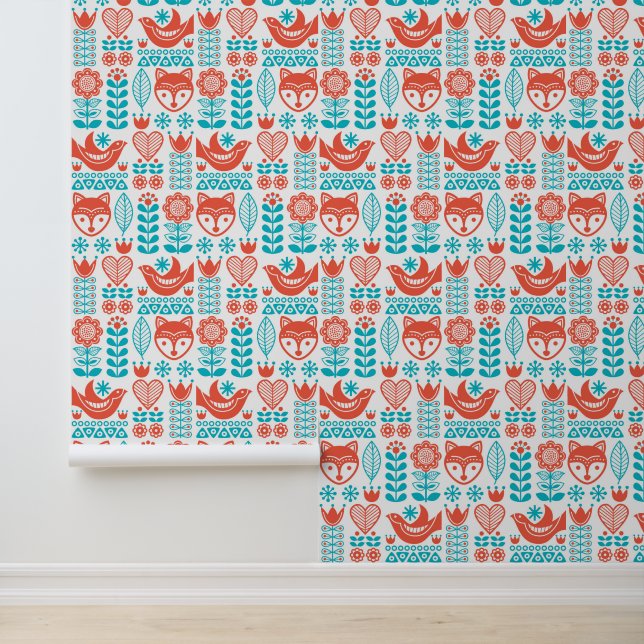Papier Peint Monogramme | Renard finlandais et Motif d'art folk (Application)